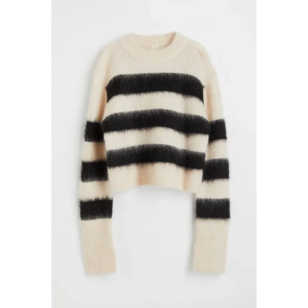 H&M White Black Striped Mohair Wool Blend Knit Crew Neck Sweater, Size M - Picture 1 of 13